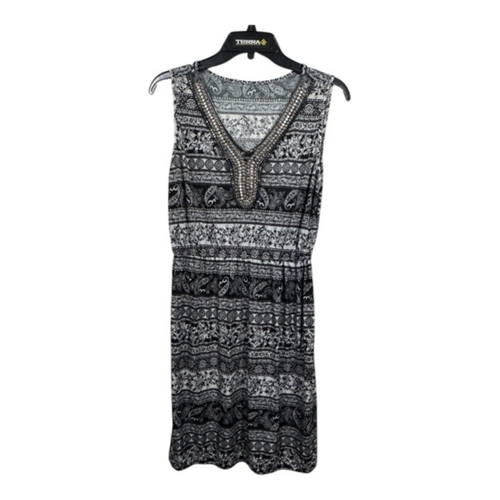 Sleeveless Dress Womens Size Medium Aztec Boho Black White Beaded Slinky